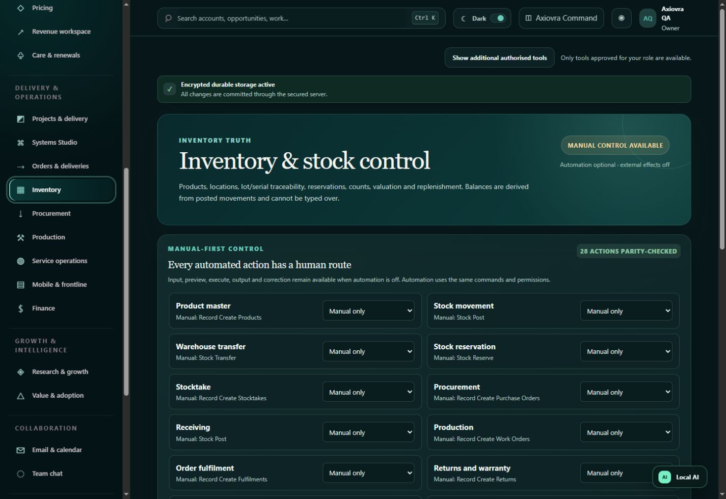 Axiovra actual retained inventory QA screenshot, manual-only state, August 2026