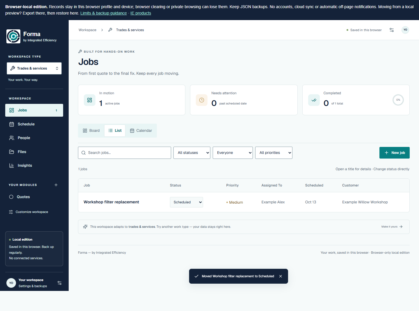 Forma: Actual application screenshots. Fictional data in genuine output.