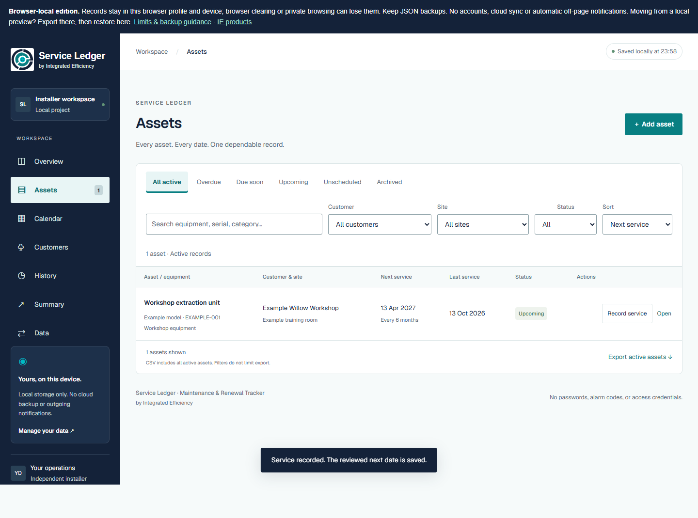Service Ledger: Actual screens + native CSV. Fictional data in genuine output.